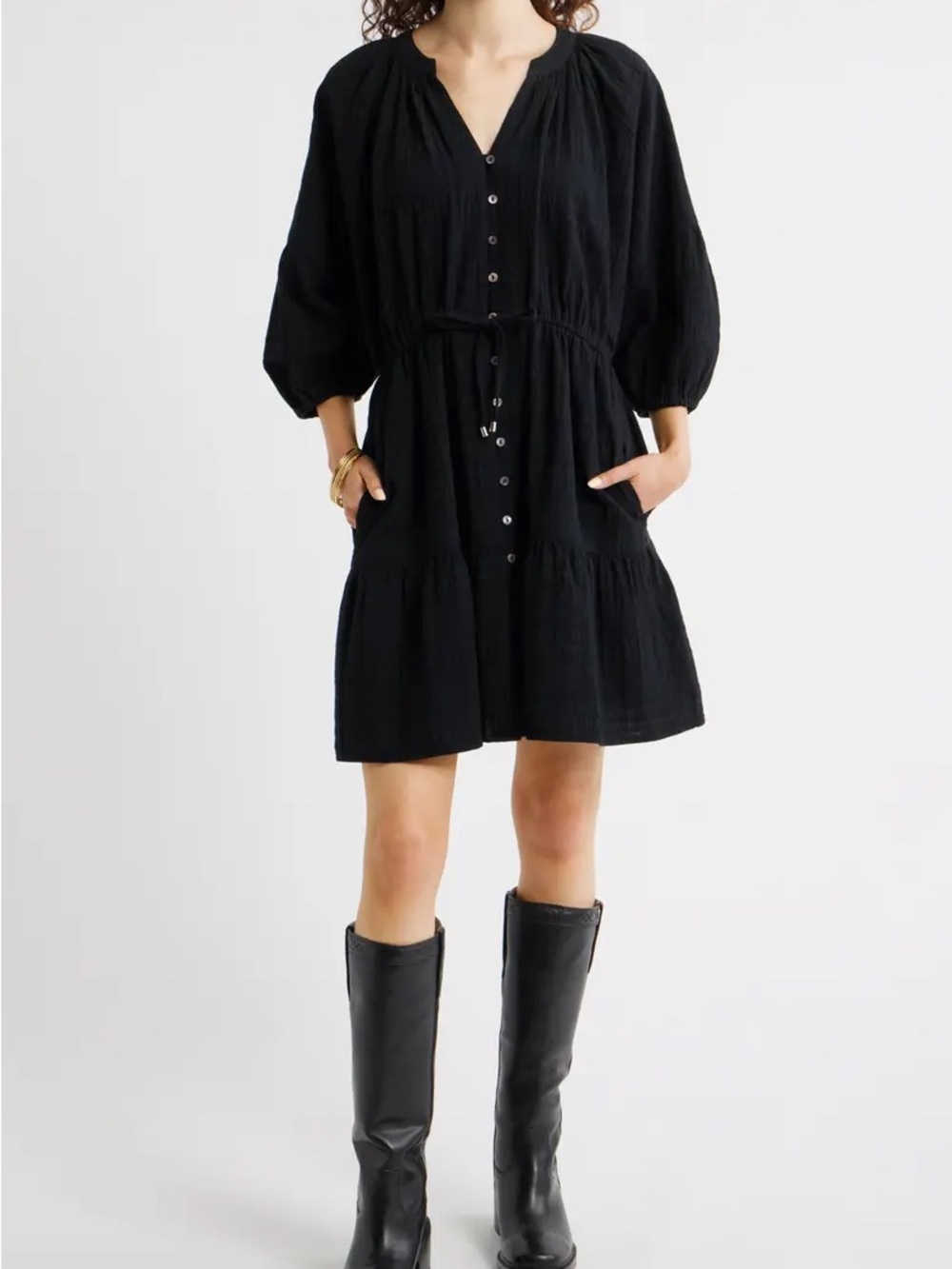 NWT  Treasure & Bond  Black Button Front Cotton Seersucker Mini Dress - M
